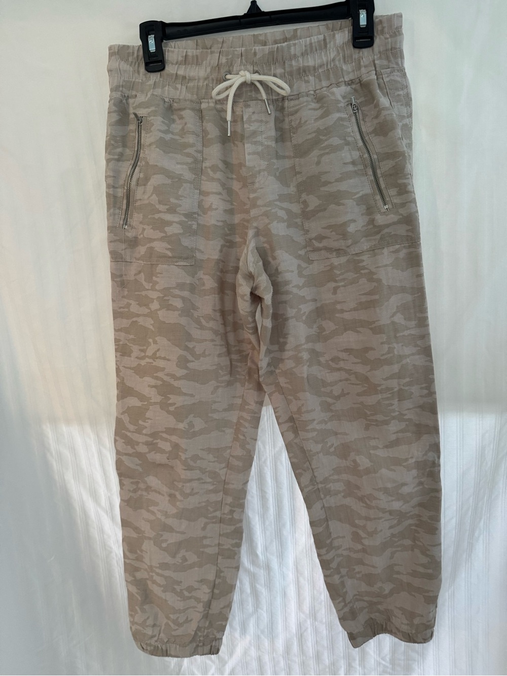Athleta Cabo Tide Jogger Pants Womens 8P Beige Camo 100% Linen Pull-On Tie Waist